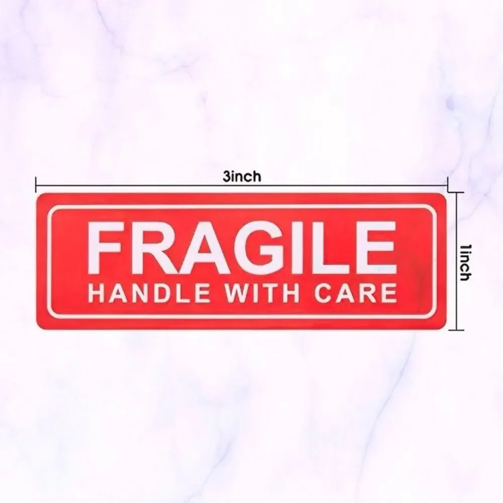 New 750 Pcs. FRAGILE HANDLE WITH CARE Red Stickers 5 Rolls with 150 each 3”x1”